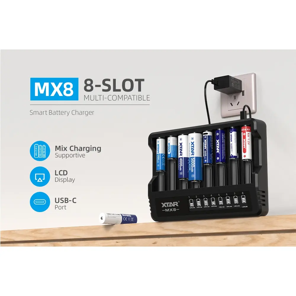 XTAR Charger Baterai 8 Slot AA AAA 1.5V Li-Ion 1.2V Ni-MH LCD Type C - MX8