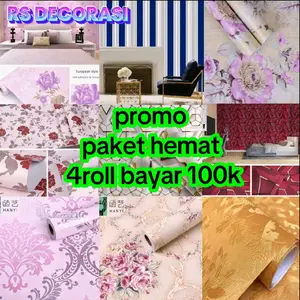 PROMO PAKET HEMAT 4 ROLL Bayar 100K Wallpaper Stiker Dinding Kamar Tidur Aesthetic Mewah Motif Bunga Polos Batik Karakter ungu pink cream biru salur embos  wallpaper & dekorasi dinding Kertas Pvc untuk rumah kayu tembok meja rainbow