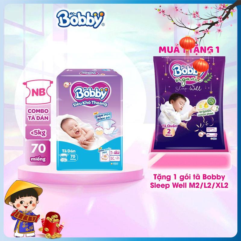   TẶNG TQ SLEEP WELL M2 L2 XL2  Bobby Tã bỉm dán sơ sinh XS70 S54 S80 lõi nén cotton-soft  bao bì ngẫu nhiên  