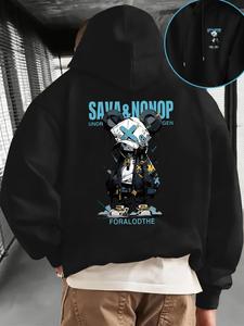 メンズファッション カジュアルパーカー、くま柄プリント、カンガルーポケット付き、カップルスタイル、秋冬ストリートウェア