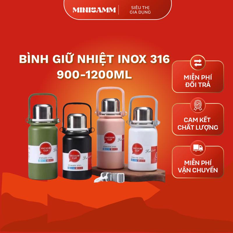  Bình Giữ Nhiệt Inox 316 Cao Cấp 900ml 1200ml Kèm Dây Đeo & Cốc Uống Giữ Nhiệt Lâu Chất Liệu 4 Lớp Chống Rỉ Sét 