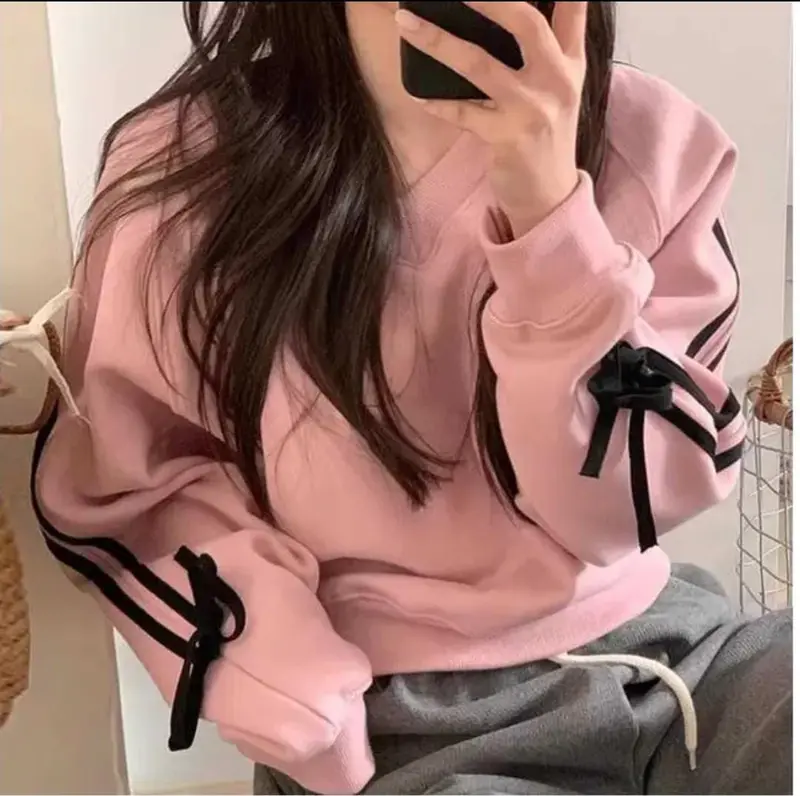 Sweater Aqeela Crop Wanita Kekinian Terbaru  Fit Crewneck Oblong Motif Lengan Pita Fleece Outer Remaja Panjang 0