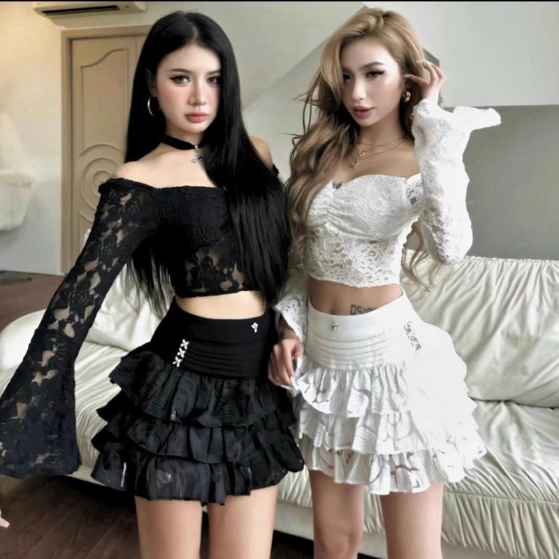 [Bèo Béo Bigsize ] Set Áo Ren Hoa Trễ Vai Tay Loe Phối Chân Váy Xếp Ly Tầng Ren Đính Tag Đá Form Bigsize 60-90Kg