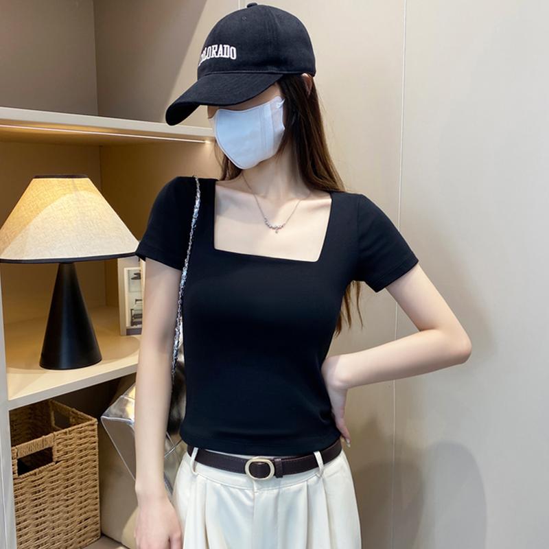 Áo Phông Mỏng Vừa Vặn, Màu Đen, Tay Ngắn, Hàng Mới Về Mùa Hè, Áo Mỏng, Thanh Lịch Và Đơn Giản, Phong Cách Thanh Lịch Thời Trang, Thiết Kế Cổ Vuông