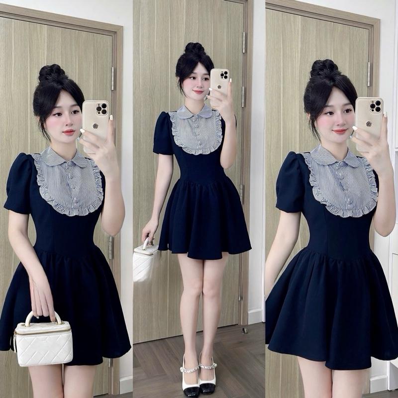 V340 VIP01 Váy nữ váy xanh than phối cổ tiểu thư sang chảnh