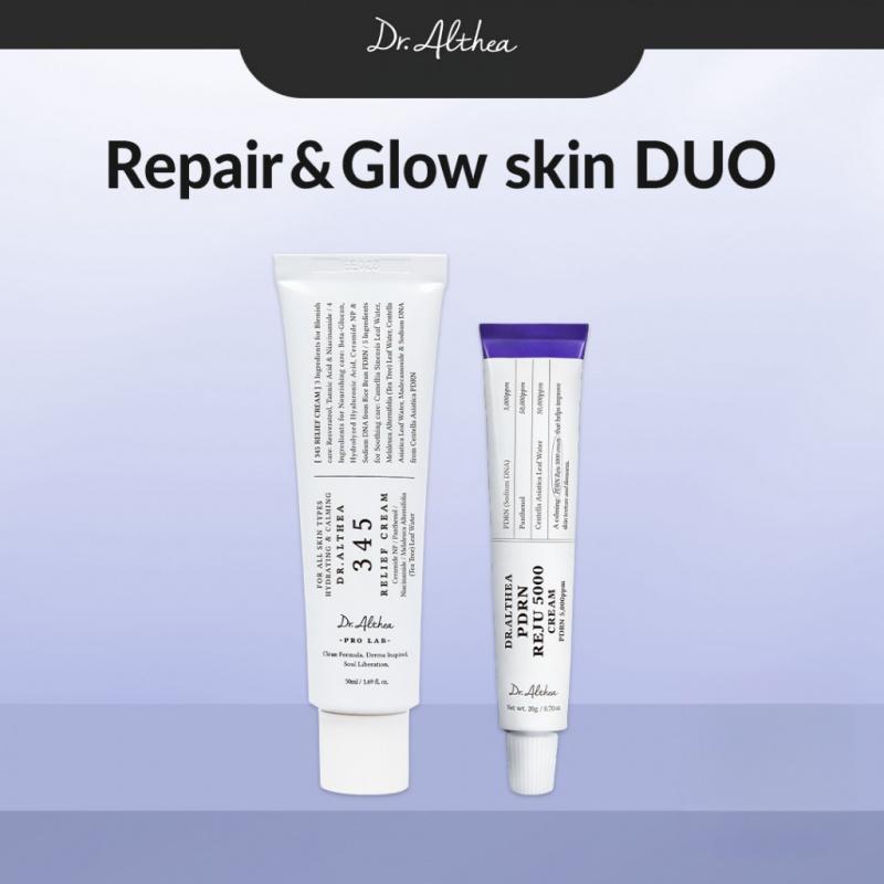 Bộ đôi dưỡng da Dr.Althea gồm kem PDRN Reju 5000 20 g và kem 345 Relief 50 ml, giúp làm dịu đỏ da và phục hồi làn da bị tổn thương