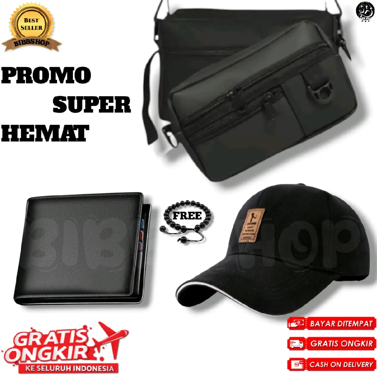 PROMO BUY 1 GET 3 FREE GELANG,TAS HANBAG, BASEBALL dan DOMPET FREE GELANG TANGAN mafia Selempang Slingbag Kulit Cowo topi brand lokal topipria cap skena