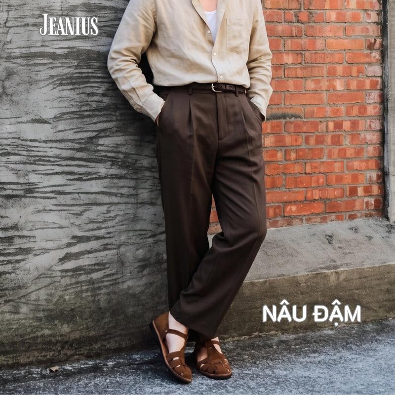 Quần Tây Nam Ống Suông JEANIUS Màu NÂU ĐẬM, Quần Âu Thiết Kế Cạp Nửa Chun Sau
