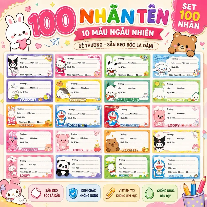 Set 100 (10 mẫu) cái nhãn vở decan nhiều hình siêu cute có keo dán sẵn