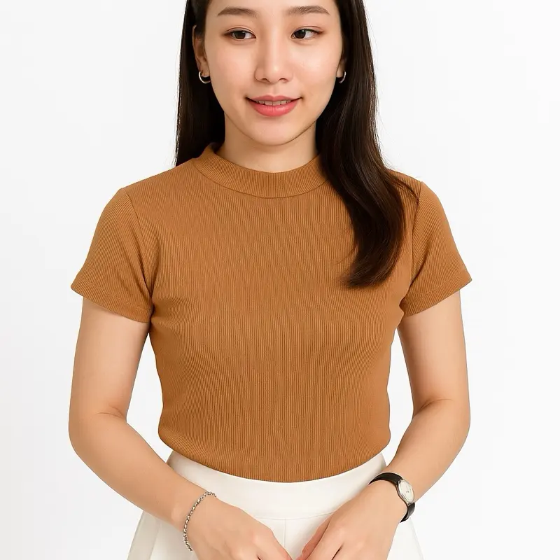 Hersoulid 03 T-shirt TurtleNeck Sleve Knit Kaos Lengan Pendek Wanita Kekinian Nyaman Top Bulat crop Knitwear Rib Atasan