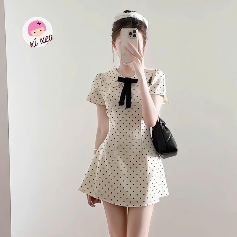 Váy chấm bi XIXEOSHOP cổ sen đính nơ họa tiết chiết eo nhẹ nhàng dáng xòe - V26, V73