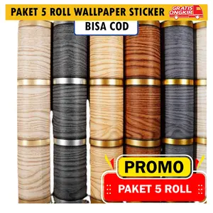 Paket 5 Roll Wallpaper Sticker Dinding Sooku Motif Kayu Salur Strip Emas Uk 45cm x 4m Anti Air Bahan PVC Sudah Tersedia Lem Dekorasi Rumah Pintu