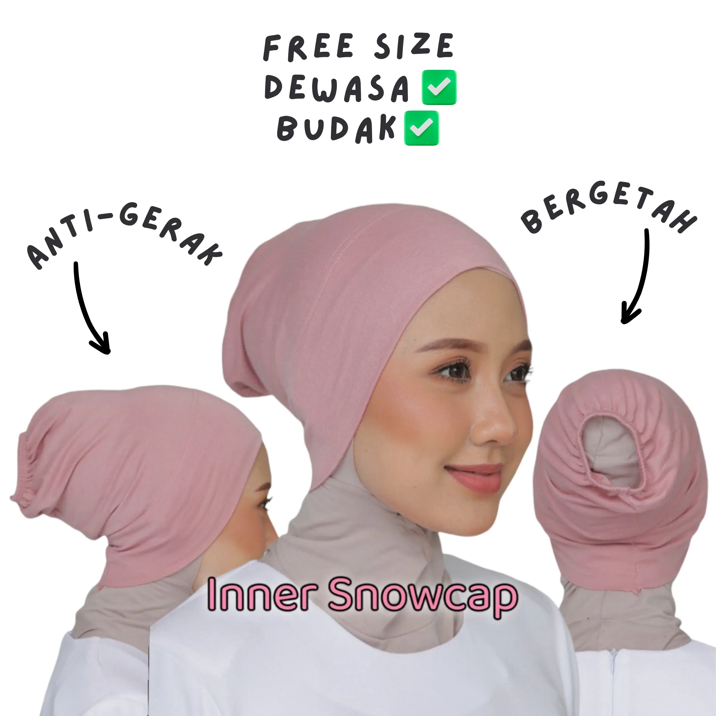 YH [Budak / Dewasa] Snowcap Inner Anak Tudung Cotton Indonesia Bergetah Antigerak Freesize Serkup Head Cover