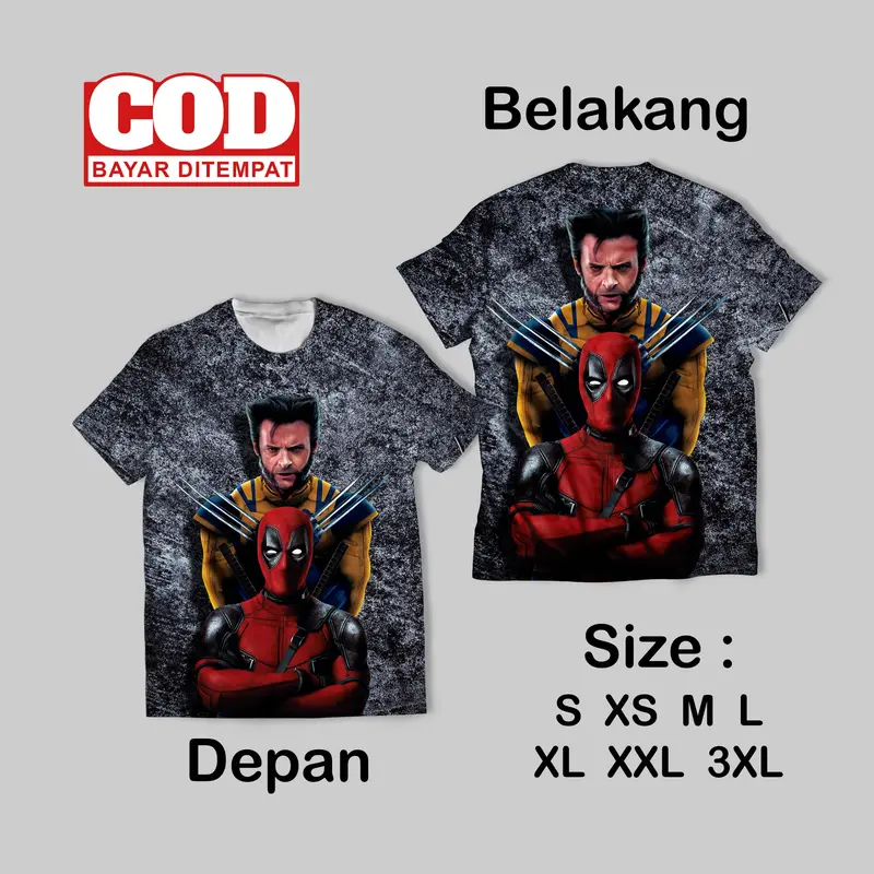 Kaos Fullprin Wolverine Deadpool Wallpaper | Kaos AOP Wolverine Deadpool film Depan belakang 3
