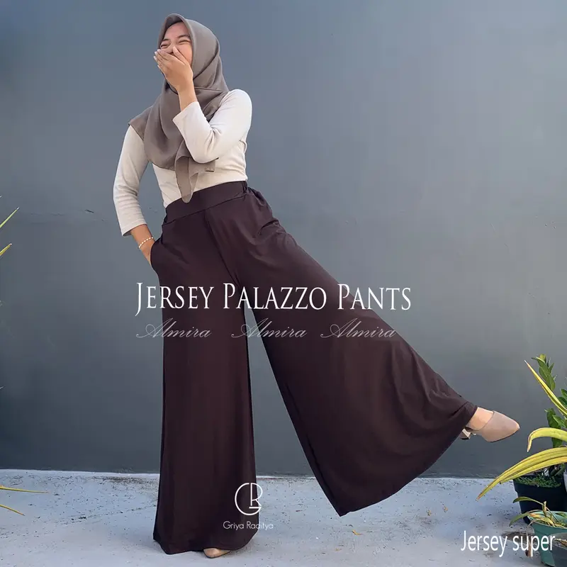 Celana Kulot Panjang Wanita Muslimah  High Waist Jersey Palazzo Pants Griyaraditya Almira Muslim Bawahan celana kulot dan palazzo Celana Panjang cuci kering Celana Flare 0