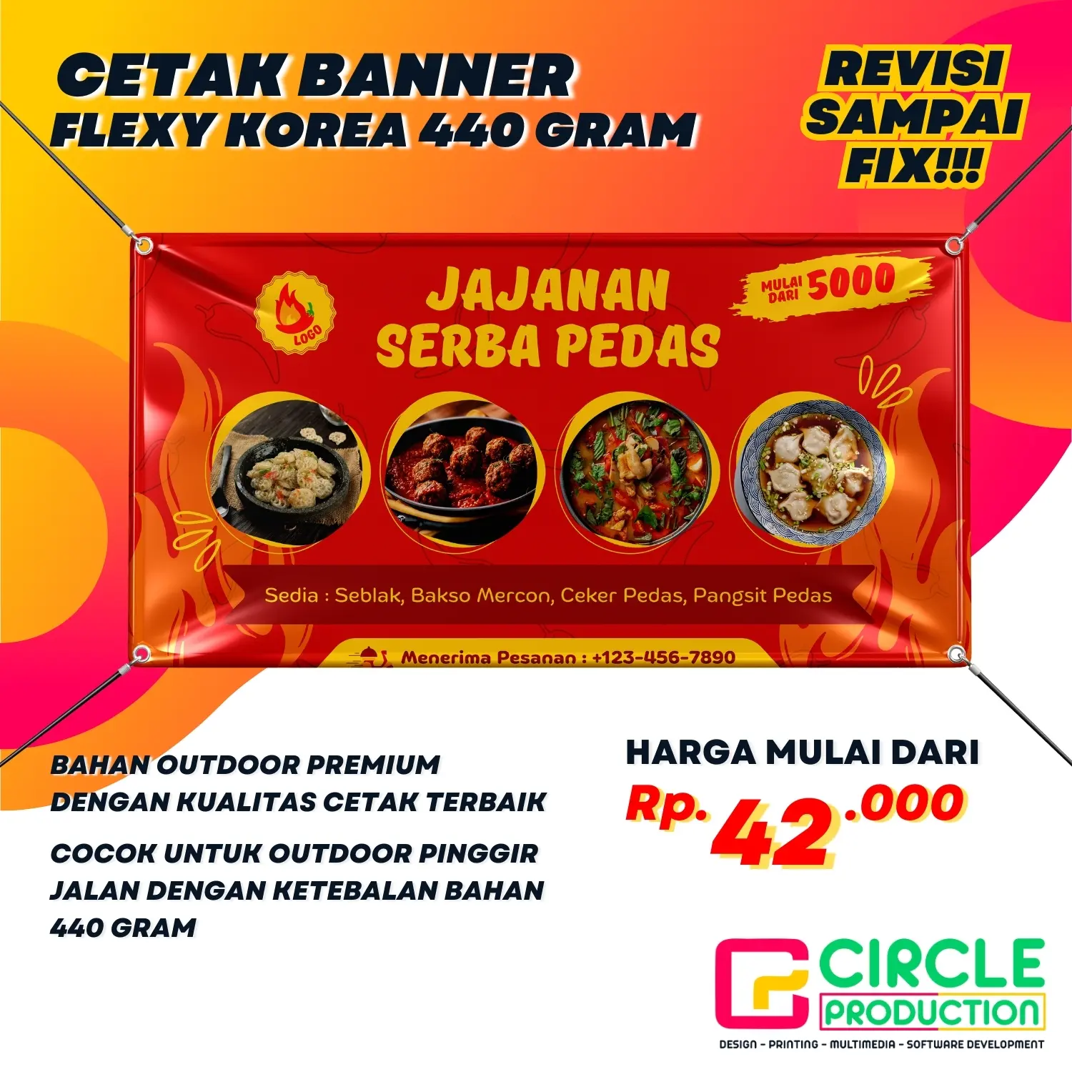 Spanduk Banner Bahan Flexy 440 (Super Tebal) dengan Design Suka-suka Bisa Custom Design Untuk Usaha Laundry, Seblak, Atau Usaha Lainnya