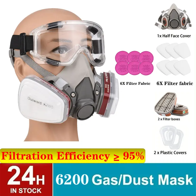 Reusable Respirator Gas Mask Half Facepiece Shield 6200 Face Cover with Filters for Dust, Fumes, Asbestos, Chemicals and Other Airborne Particles while Painting, Spraying, Polishing and More