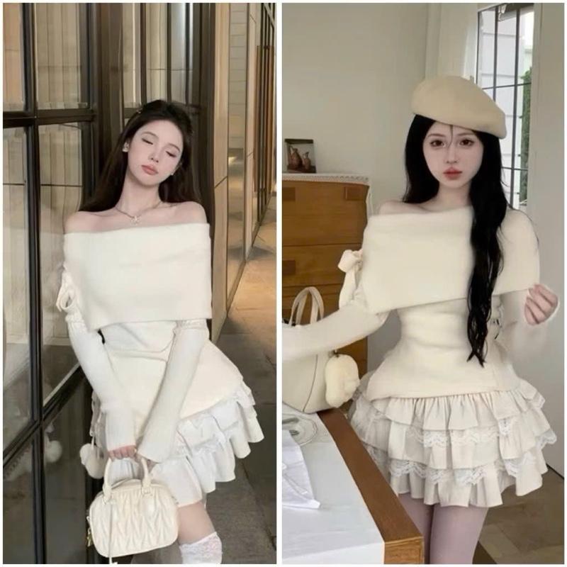 Sét đồ nữ áo trễ vai buộc nơ mix chân váy nhiều tầng phối ren tiểu thư bánh bèo Losy - Nữ