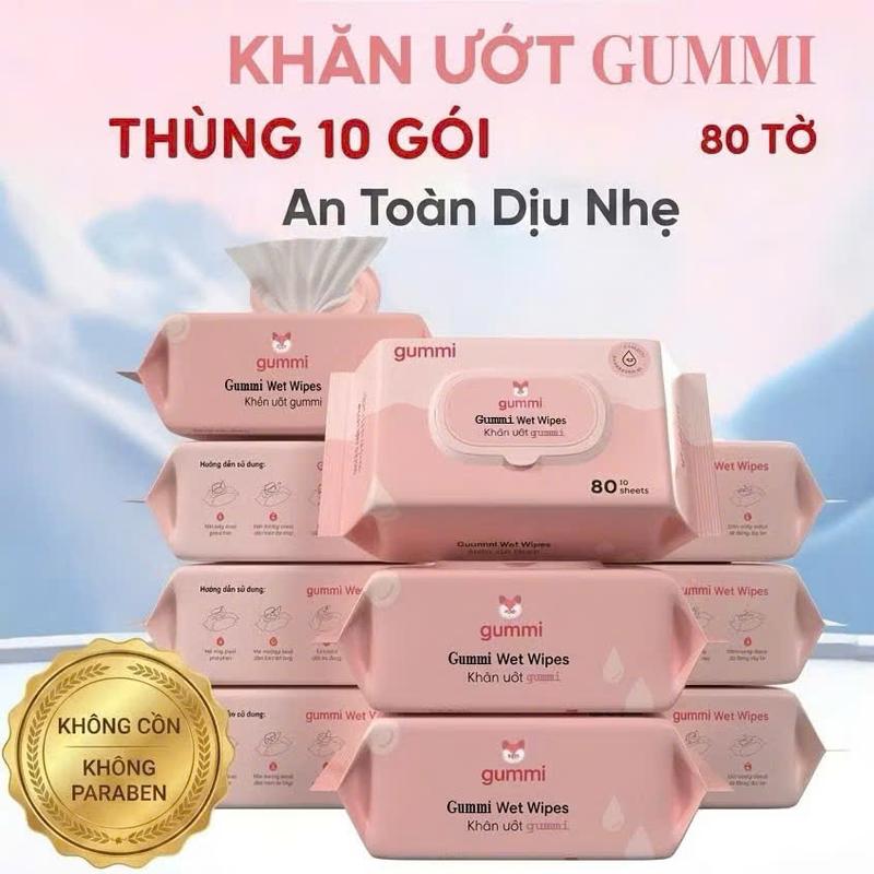 THÙNG 10 Gói Khăn Ướt Gummi 80 TỜ, Không Cồn Không Parabens Cao Cấp Dành Cho Cả Em Bé