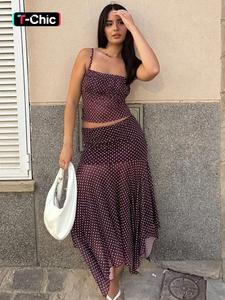 Conjunto de dos piezas para mujer: top sin mangas y falda larga con lunares, ideal para fiestas, clubes, playa y vacaciones