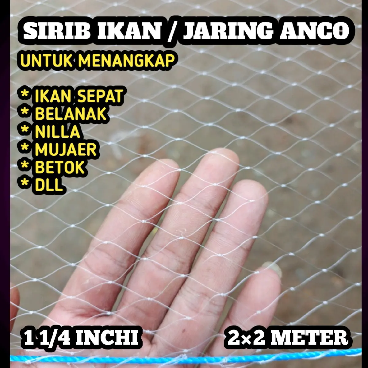 Sirib ikan / jaring anco 2×2 meter lubang 1 1/4 inchi senar 0,28 untuk ikan sepat belanak nilla jaring tangkul ikan Alat