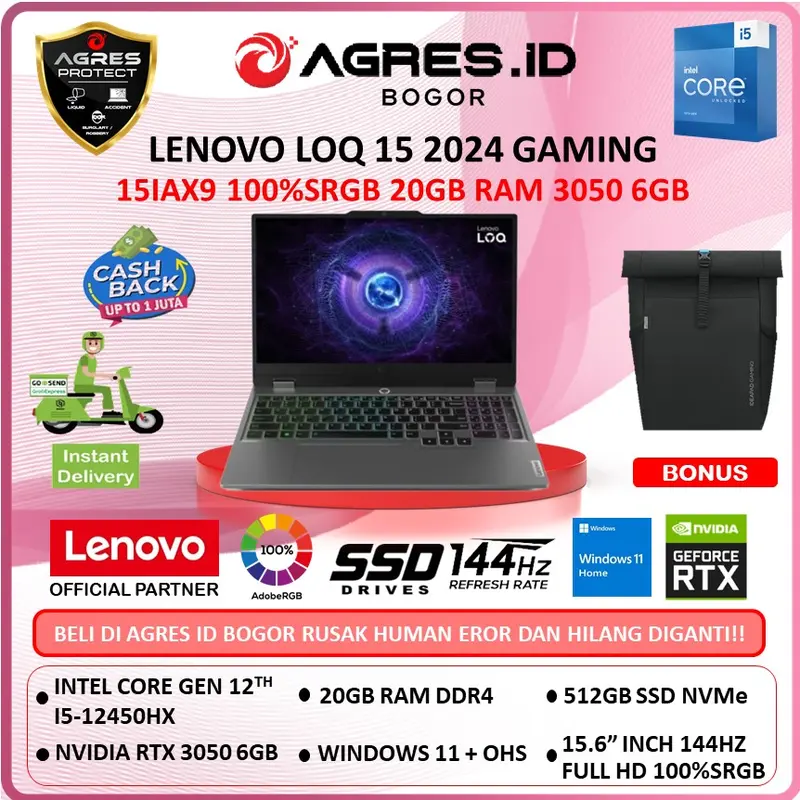 Laptop Gaming Lenovo LOQ 15 Intel Core I5-12450hx RTX 3050 6GB Vram RAM 20GB SSD 512GB 100%sRGB 15.6" Full HD IPS 144Hz 1