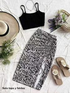 Top corto camisola liso para mujer y falda con estampado floral menudo y fruncido con cordón, top sin mangas casual con tirantes ajustables y falda para el verano, conjuntos de dos piezas para mujer, ropa para mujer