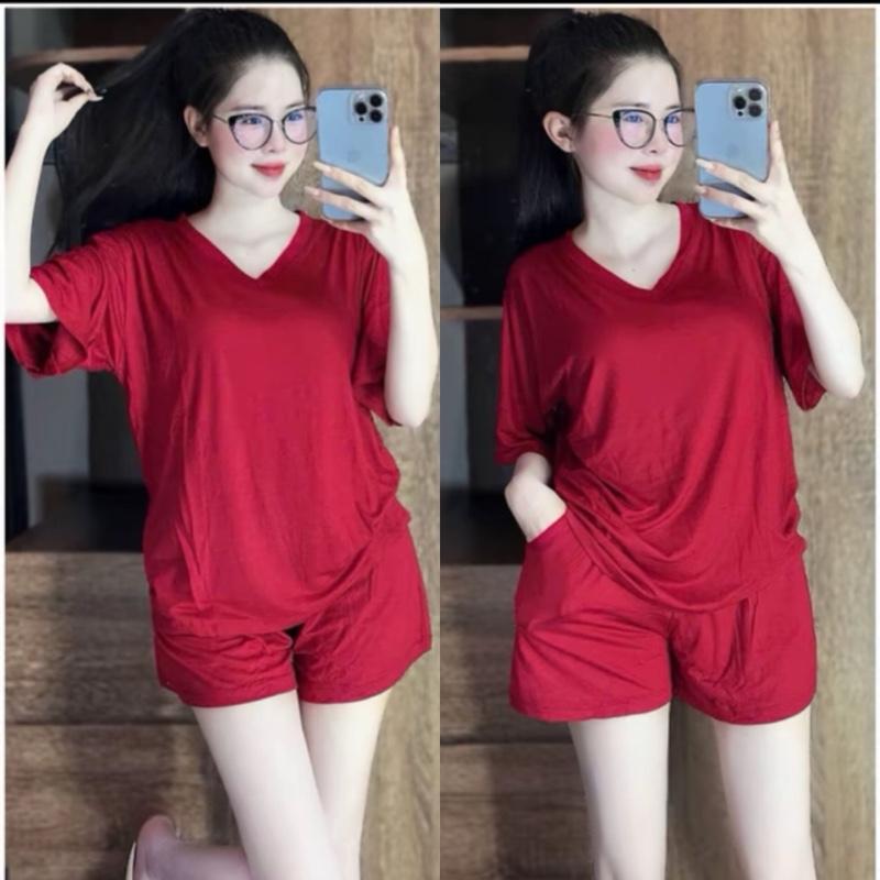 Đồ Bộ Áo Cổ Tim Nữ Chất Thun Lạnh Cộc Tay Bigsize Mặc Nhà - Vải Mềm Mát Mặc Ngủ Co Giãn Rộng Bầu Bí Bon Chen thoãi mái 45-90Kg Trơn Áo Cotton đồ ngủ coquette