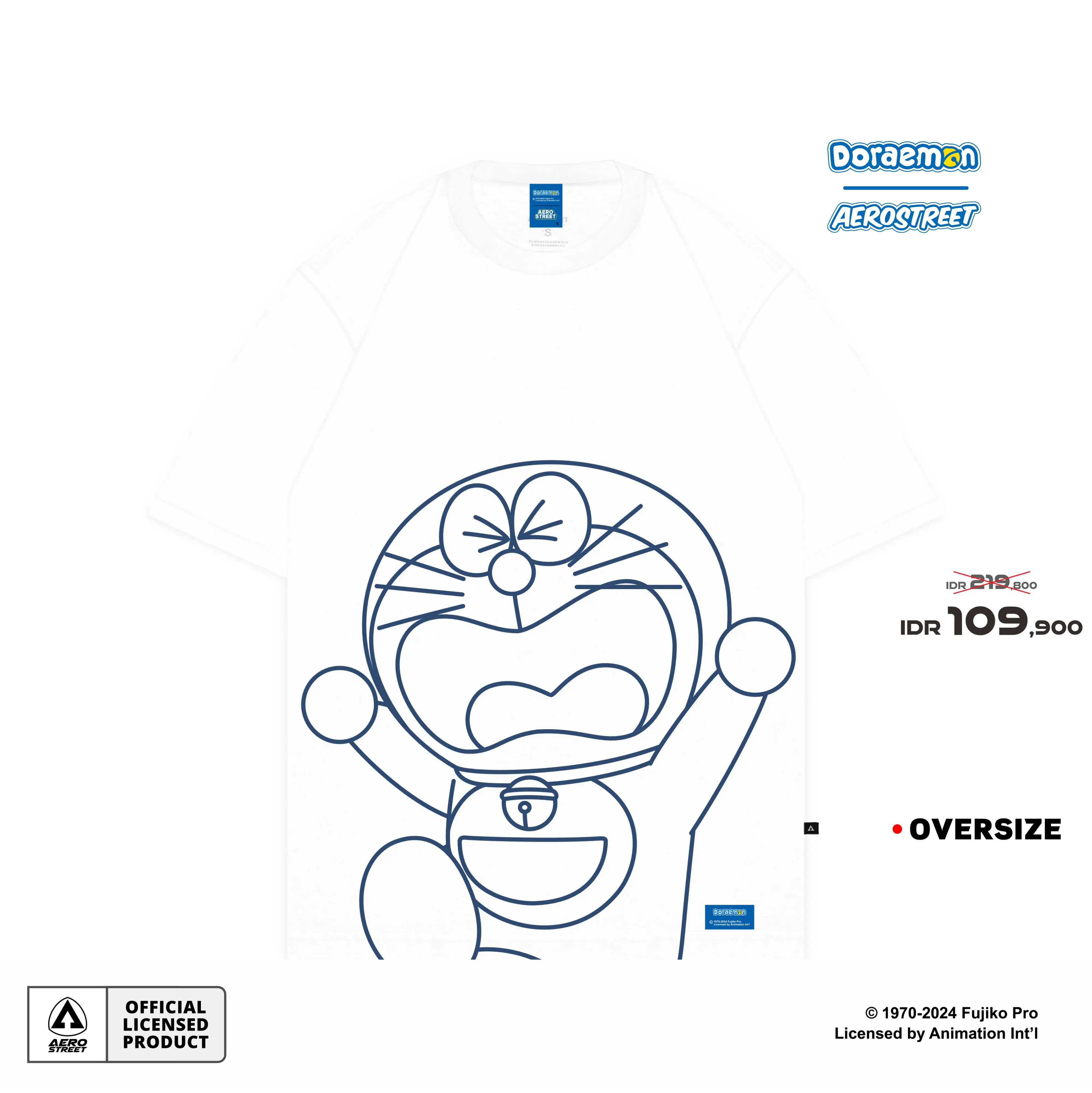 Aerostreet T Shirt Oversize Monoline Doraemon White Kaos FBDAA