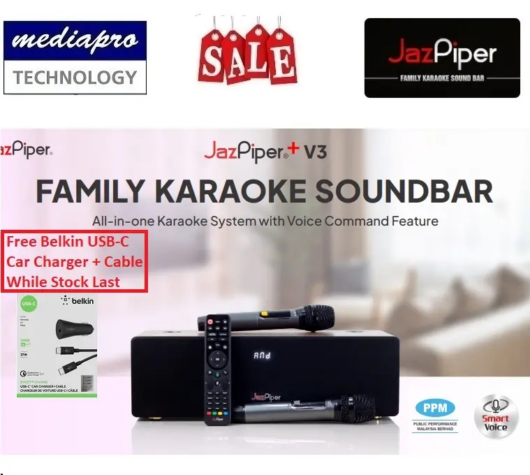 JazPiper+ Family Karaoke Soundbar built-in Karaoke Player, Amplifier, Mixer with 2 x Wireless Microphone. Multi Input : 3.5mm Aux, Optical, USB, HDMI(ARC). HDMI Out, Bluetooth 5.0, Lan Port and Wifi