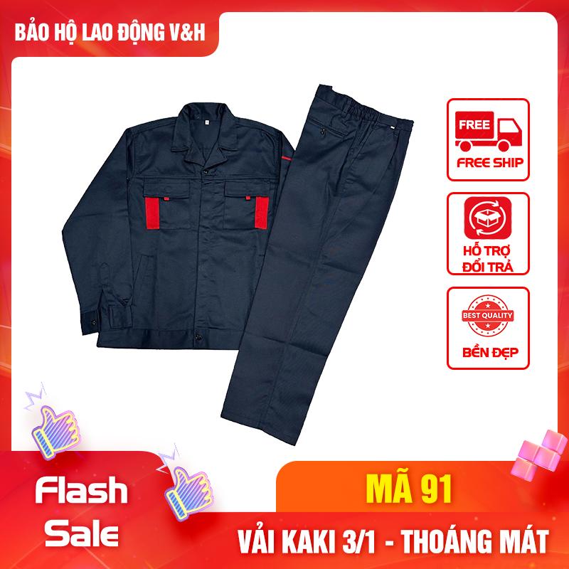 Bộ Quần Áo Bảo Hộ Lao Động Nam Dài Tay Mã 91 - Có Cổ Sơ Mi, Quần Không Có Túi Hộp, Vải Kaki Liên Doanh 65/35 Dày Dặn, Bền Bỉ, Thoáng Mát, Chống Nắng Nóng Tốt
