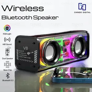 Speaker V8 Bluetooth Double Speaker Transparant Subwoofer Music Speaker RGB LED Light Mecha Speker - Wireless,  Spiker Pc speaker bluetooth sound