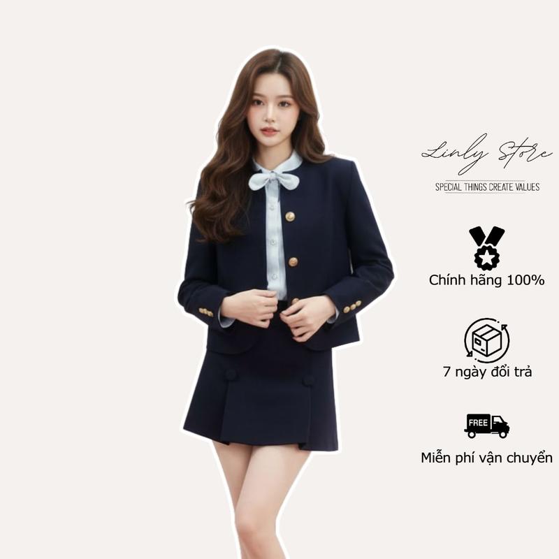 Set áo khoác thiết kế dáng lửng phối cúc và chân váy chữ A xếp ly tiểu thư Linly Store A-VEST39