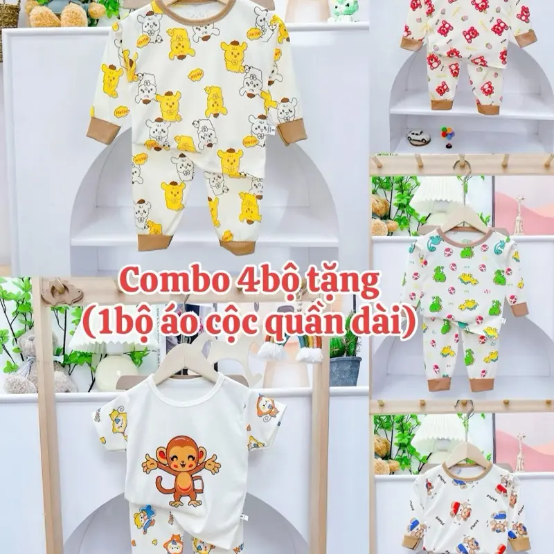 Combo 4 bộ (Tặng 1) bộ quần áo tăm lạnh dài tay cho bé  5kg- 15kg quần áo dài tay cho bé