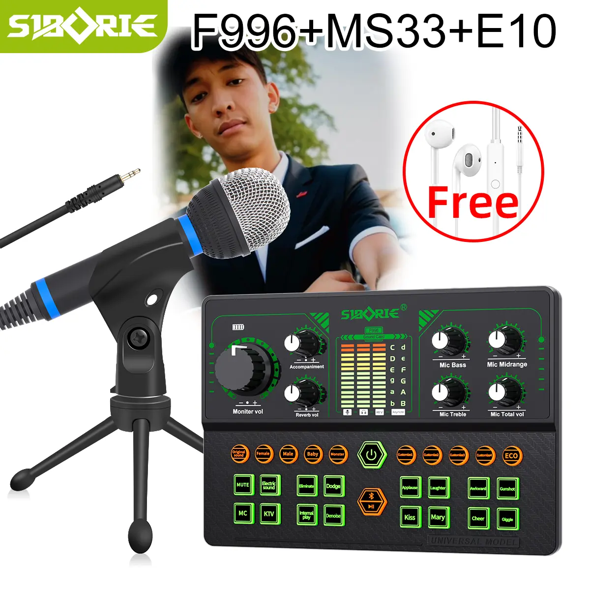 Siborie F996 soundcard + MS33/36/38 Mic + E10 headset Paket Lengkap Live soundcard Bluetooth  Streaming Langsung Siap COD