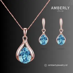AJ - Center Blue Rosegold Korean Set Perhiasan Anting dan Kalung biru