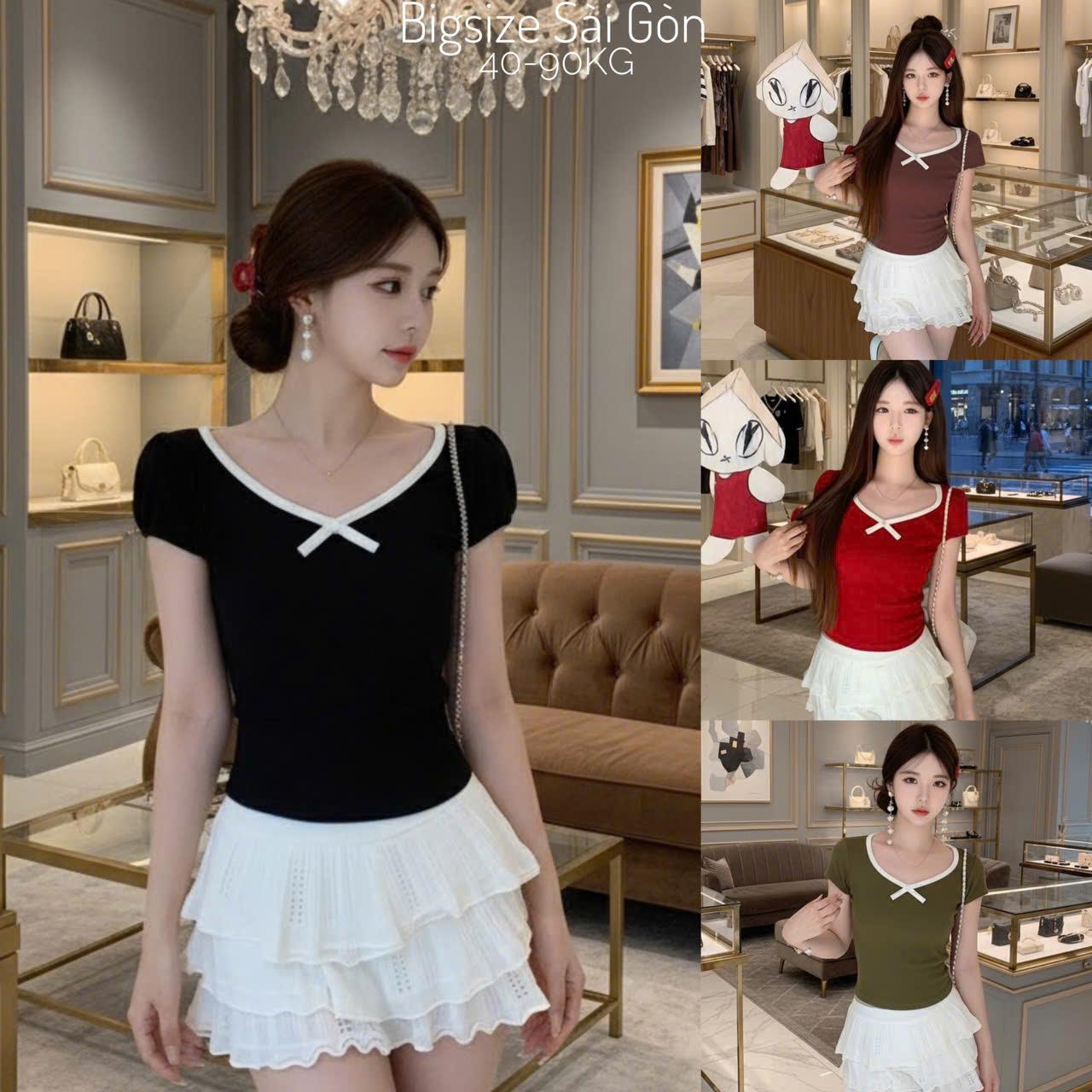 Thời Trang Bigsize Áo Thun Nữ Cổ Tim Phối Viền Trắng Vải Thun Gân Tăm Bigsize Từ 45 - 90Kg Dễ Thương Top Nữ Women - B.1617