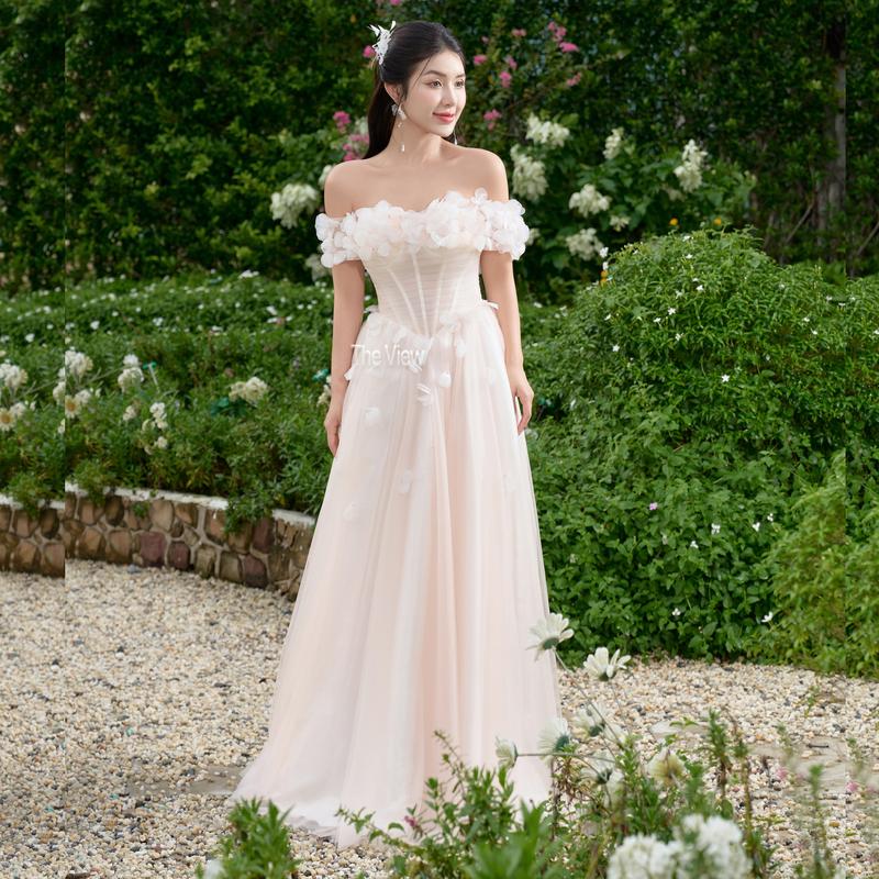 [Tặng Voan] Váy Cưới Suông Dáng Maxi Hồng Nhạt Cho Cô Dâu Đi Bàn Corset Siết Eo, Hoa 3D Nổi Bật, Chất Liệu Voan Siêu Mịn, 368