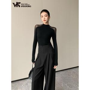 VISUKING Áo Thun Dài Tay Màu Đen Dành Cho Nữ-Phong Cách Quyến Rũ Cao Cấp