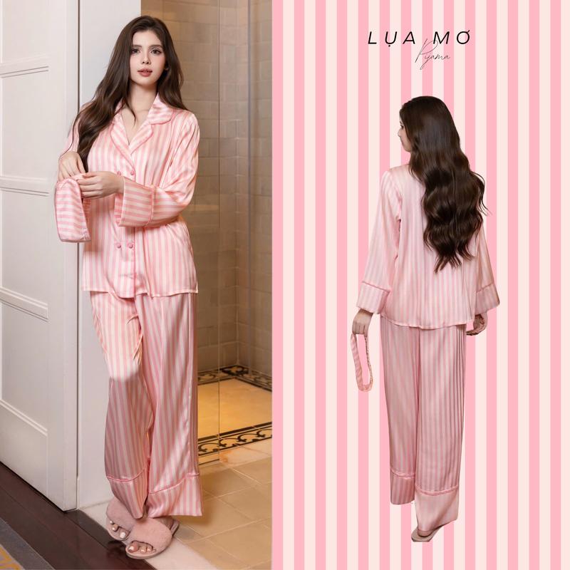Pijama Tiểu Thư Form Vest Họa Tiết Sọc Hồng Vải Lụa Latin Cao Cấp - Đồ bộ Lụa Mơ LM143
