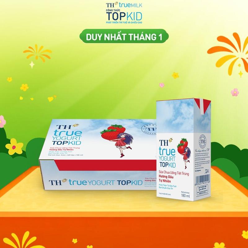 Thùng 48 hộp sữa chua uống tiệt trùng TH true YOGURT TOPKID hương dâu tự nhiên 180ml 180ml x 48