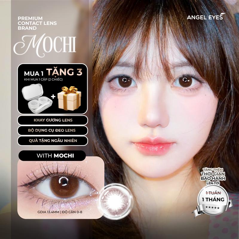 Lens nâu có độ cận Mochi hiệu Angel Eyes có độ từ 0 - 8 độ, dòng kính áp tròng nâu có độ phù hợp cho kỷ yếu, đi học, cô dâu