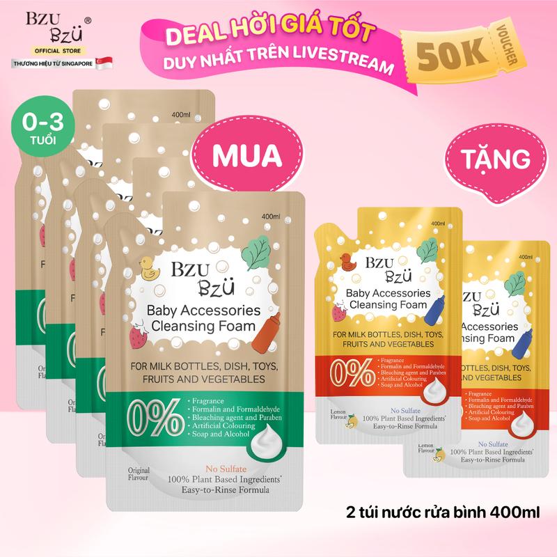 Combo 4 Túi Nước Rửa Bình Sữa, Đồ Dùng Em Bé BZU BZU Baby Accessories Cleansing Foam Original Tạo Bọt, Không Mùi 400ml Cho Bé Rửa Bình