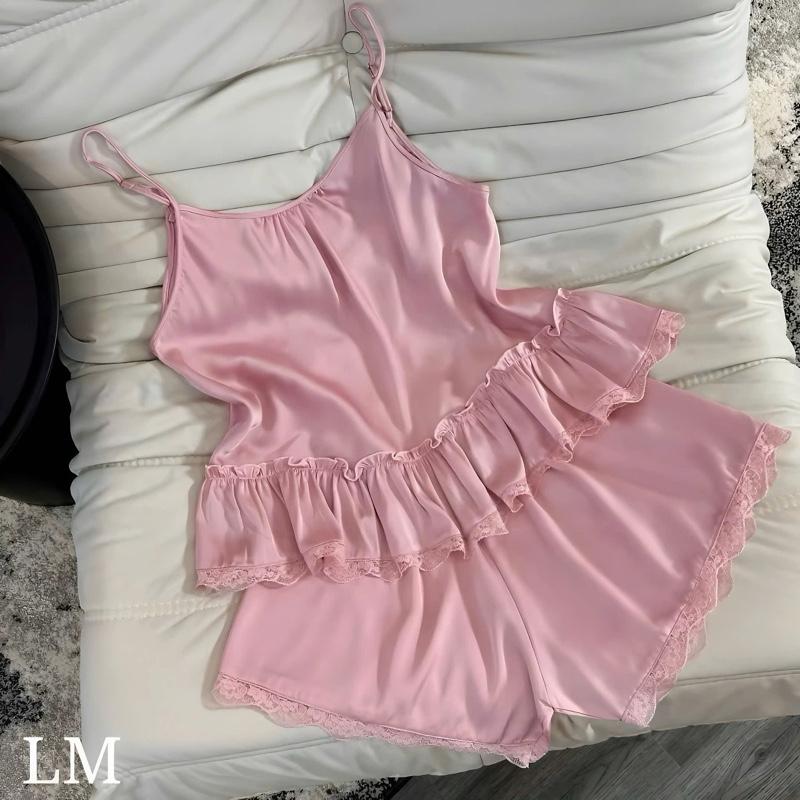 bộ đồ ngủ lụa dây hai tầng phối ren