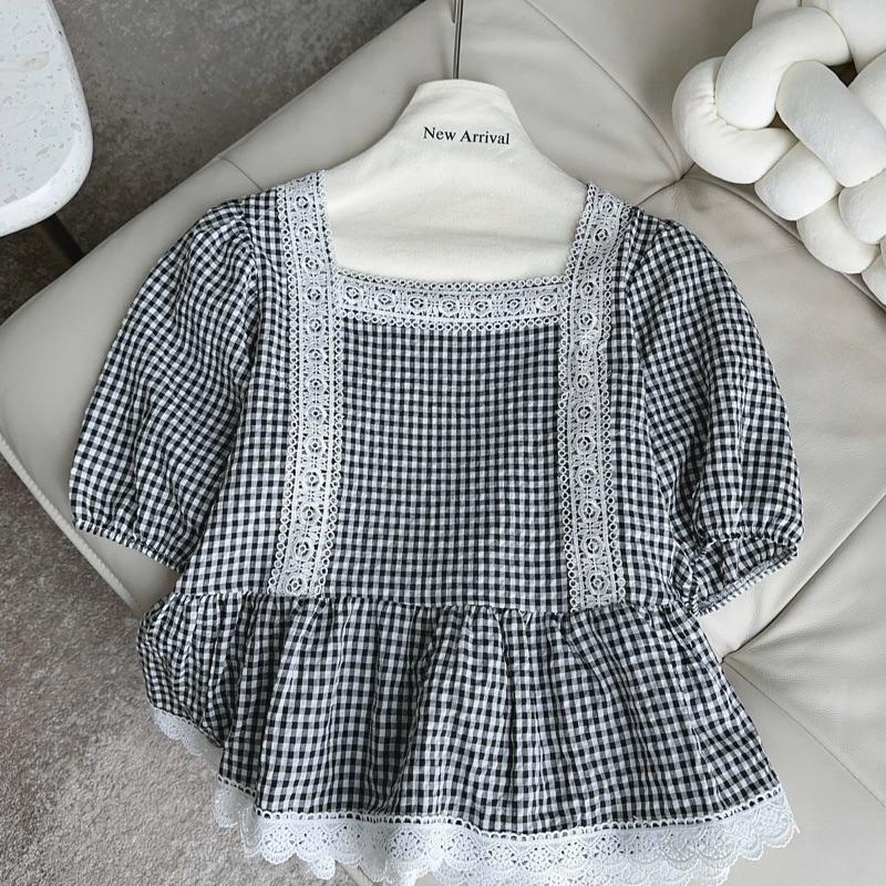    XẢ KHO  Áo babydoll cổ vuông phối ren kẻ caro chất thô mềm Qc A10 