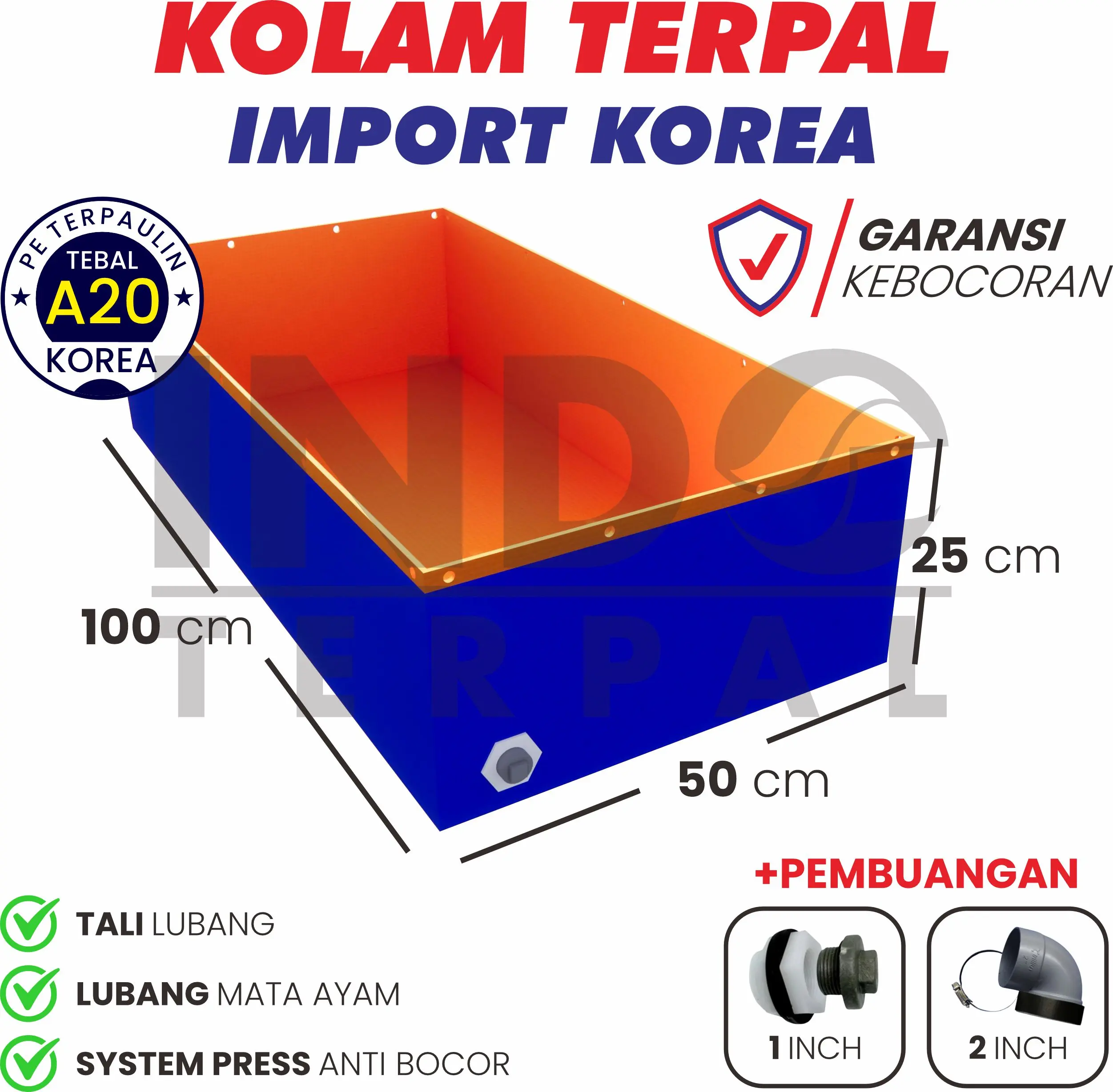 Terpal Kolam Ikan  100x50x25 / 1x05x025 Tebal A20 Untuk Budidaya Lele Nila Gurame Belut Udang