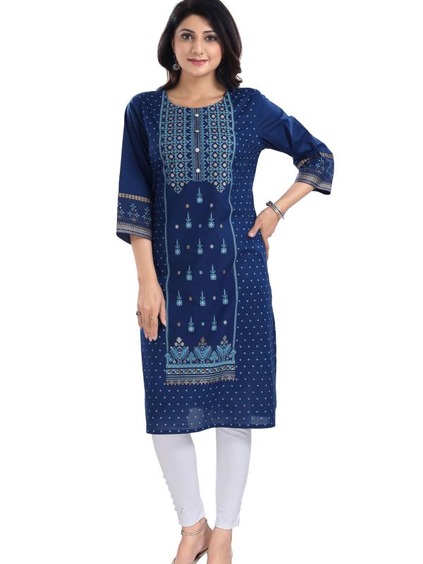 Green and blue ikat print long kurta main image 1