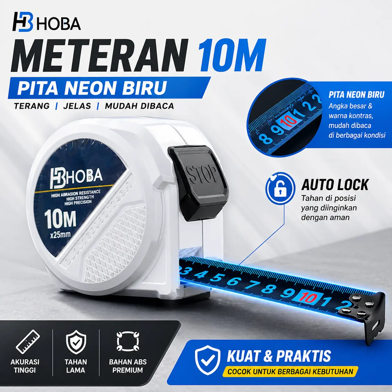 5/10M Pita pengukur pita pengukur baja tahan karat lampu biru pengukuran pertukangan kayu Meteran Tukang Alat Ukur Multifungsi