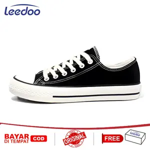 Leedoo Sepatu Sekolah Pria Casual Sneaker Tali Kerja Cewe Kanvas Shoes Hitam Karet Sepatu Sekolah Siswa MC303