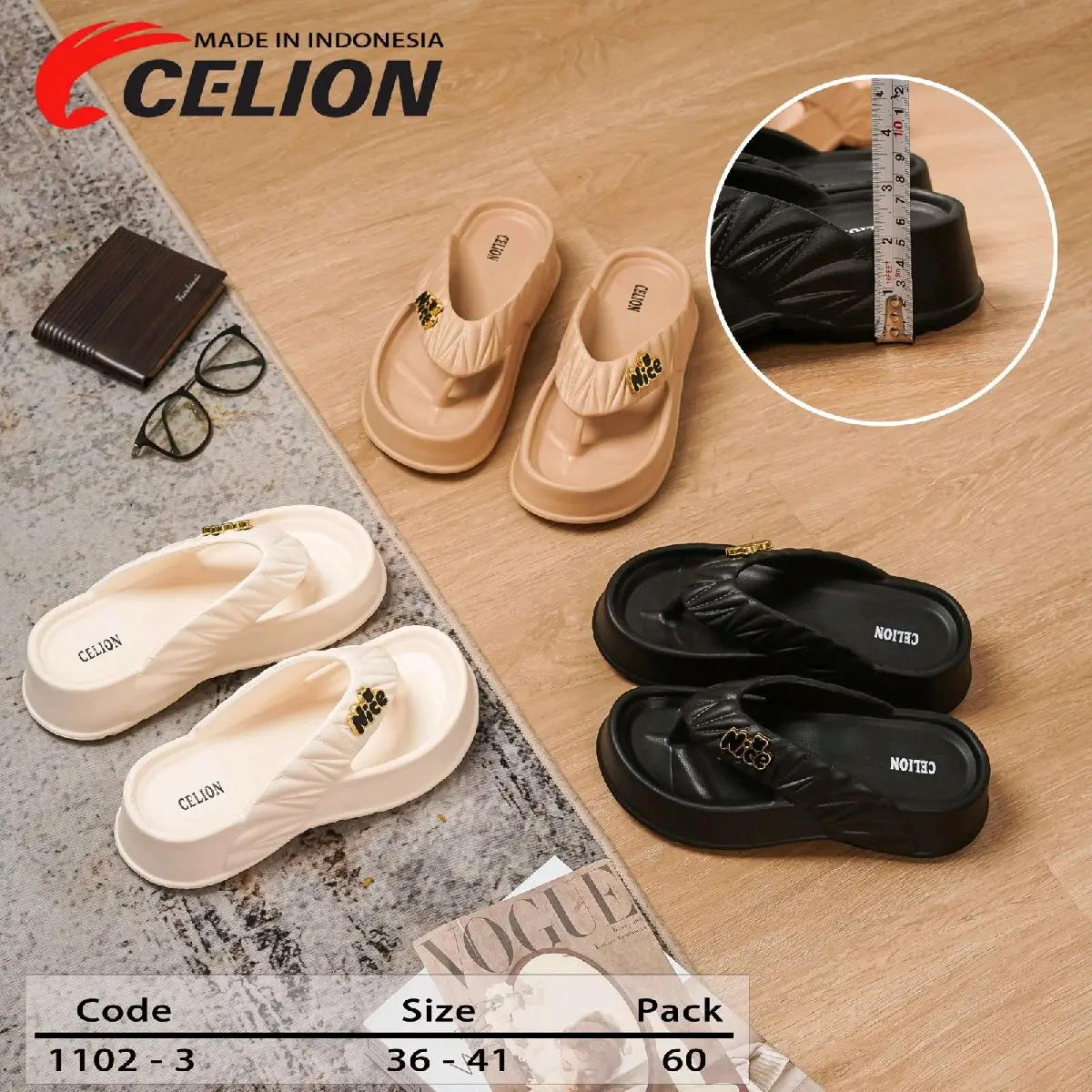 CELION Sandal Wanita Jepit Kerut Nice Bahan Eva Rubber Suoer Ringan Pilih Lokal 1102-3H sandal gabus  tebal dan empuk
